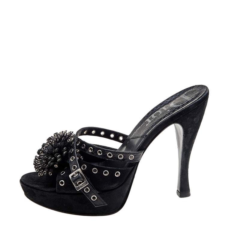 Pre Owned Dior Black Perforated Suede And Python Embellished Platform Slide Sandals Size 37