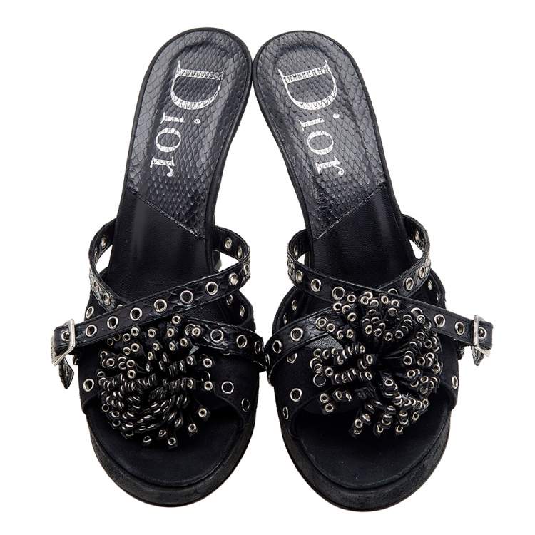 Pre Owned Dior Black Perforated Suede And Python Embellished Platform Slide Sandals Size 37