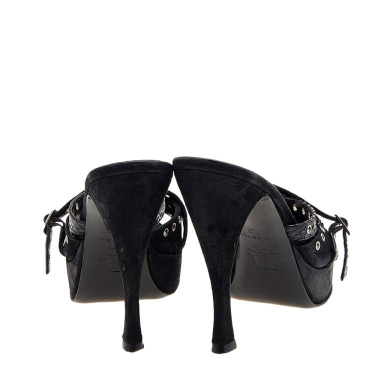 Pre Owned Dior Black Perforated Suede And Python Embellished Platform Slide Sandals Size 37