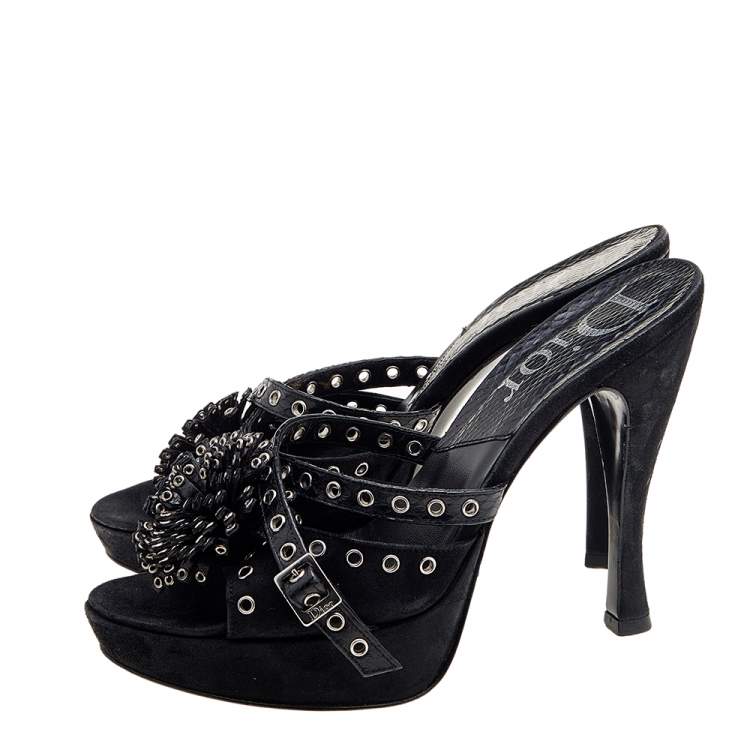 Pre Owned Dior Black Perforated Suede And Python Embellished Platform Slide Sandals Size 37
