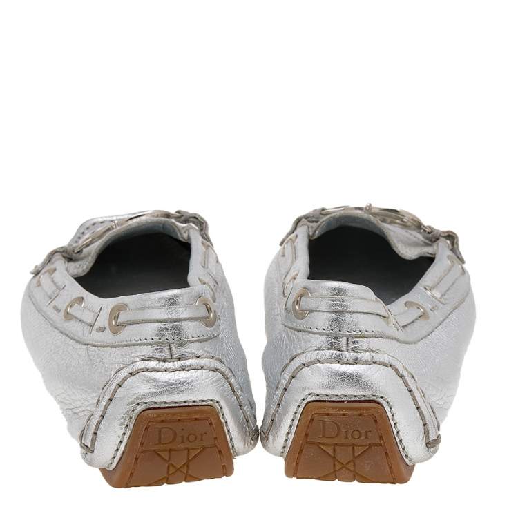 Pre Owned Dior Silver Leather Logo Embellished Slip On Loafers Size 41