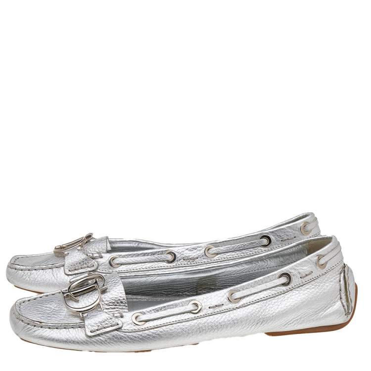 Pre Owned Dior Silver Leather Logo Embellished Slip On Loafers Size 41