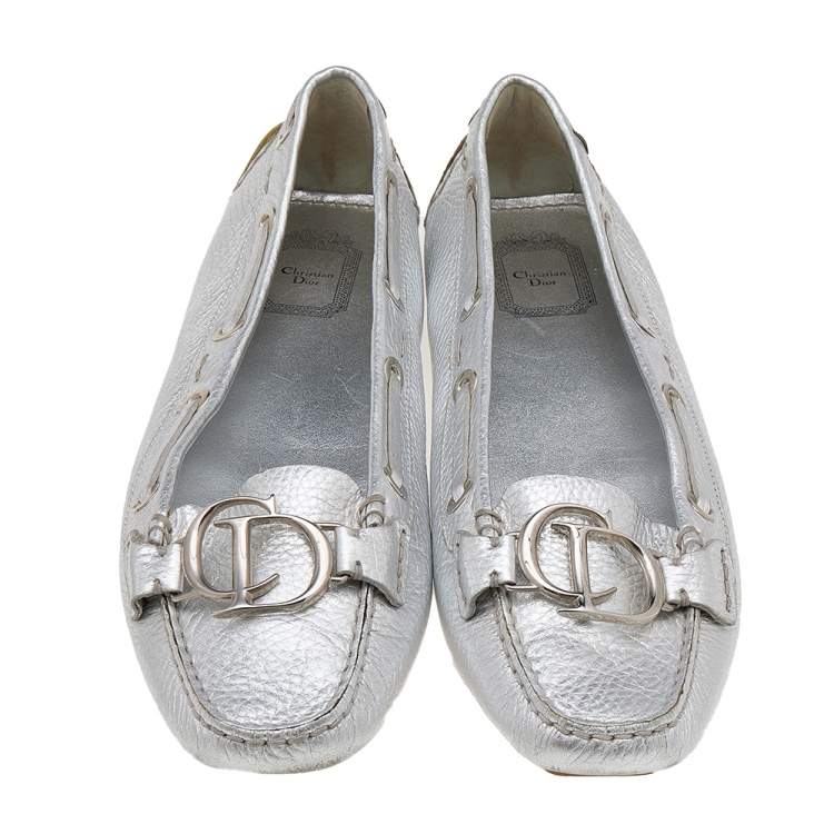 Pre Owned Dior Silver Leather Logo Embellished Slip On Loafers Size 41