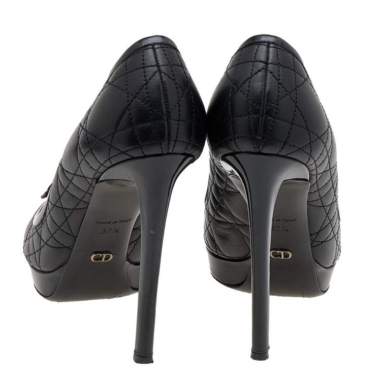 Pre Owned Dior Black Cannage Leather Bow Peep Toe Platform Pumps Size 37.5