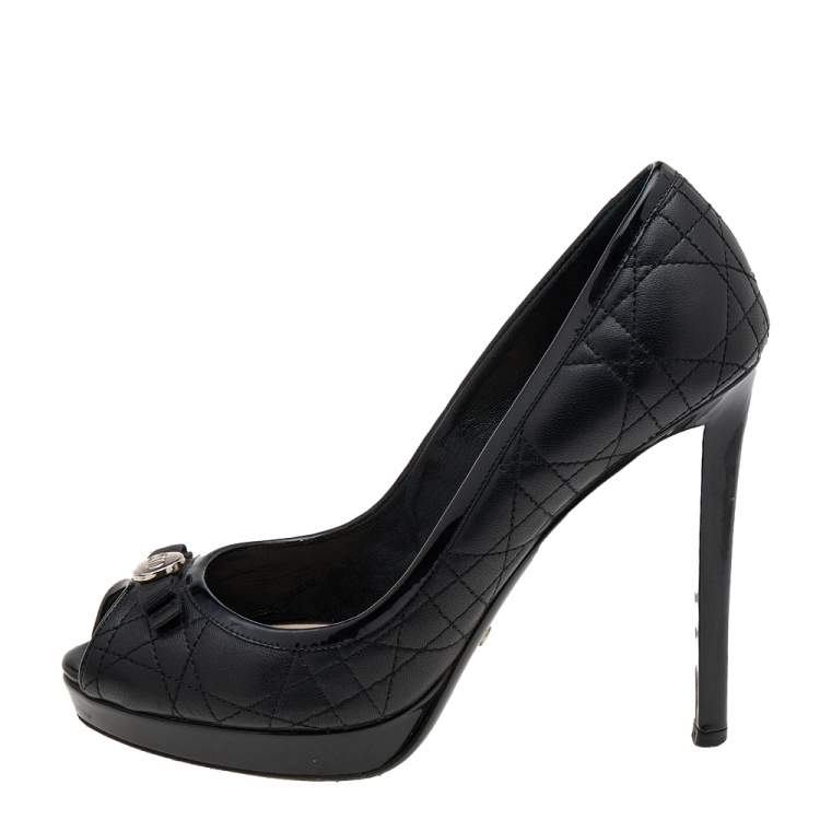 Pre Owned Dior Black Cannage Leather Bow Peep Toe Platform Pumps Size 37.5