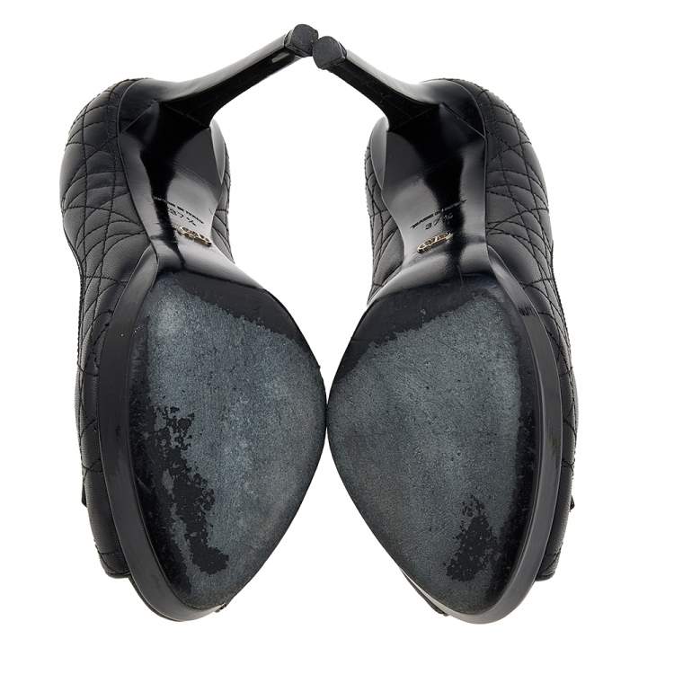 Pre Owned Dior Black Cannage Leather Bow Peep Toe Platform Pumps Size 37.5