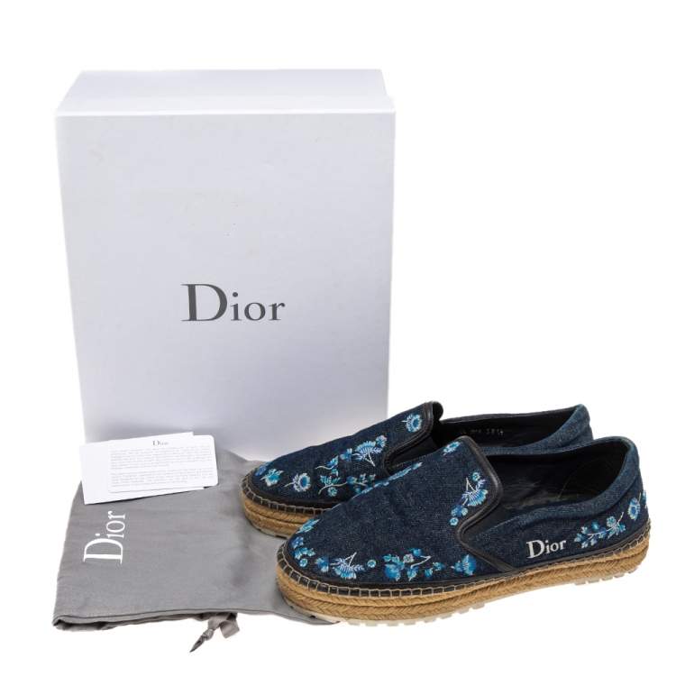 Pre Owned Dior Blue Denim Floral Embroidered Denim Prairie Espadrille Flats Size 39.5