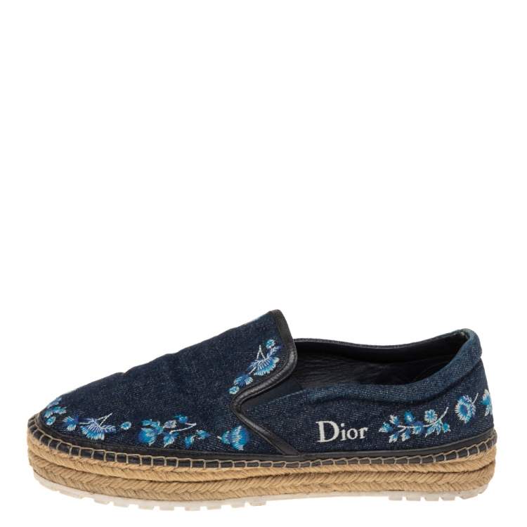 Pre Owned Dior Blue Denim Floral Embroidered Denim Prairie Espadrille Flats Size 39.5