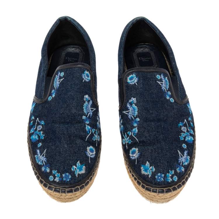 Pre Owned Dior Blue Denim Floral Embroidered Denim Prairie Espadrille Flats Size 39.5