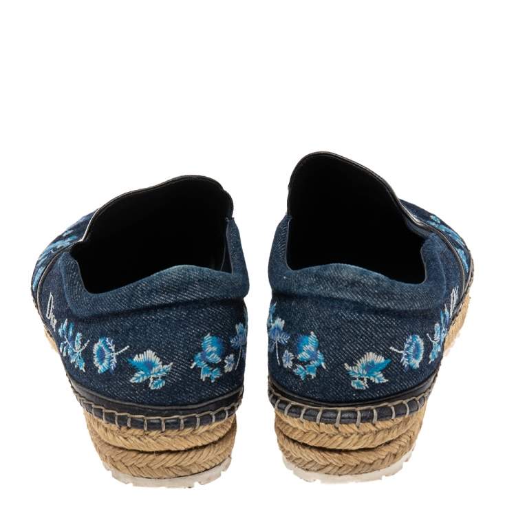 Pre Owned Dior Blue Denim Floral Embroidered Denim Prairie Espadrille Flats Size 39.5