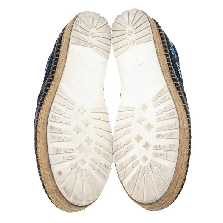 Pre Owned Dior Blue Denim Floral Embroidered Denim Prairie Espadrille Flats Size 39.5