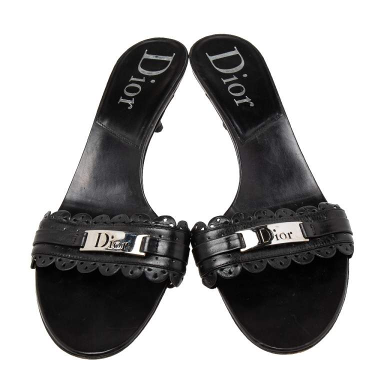 Pre Owned Dior Black Leather Logo Slide Sandals Size 39.5