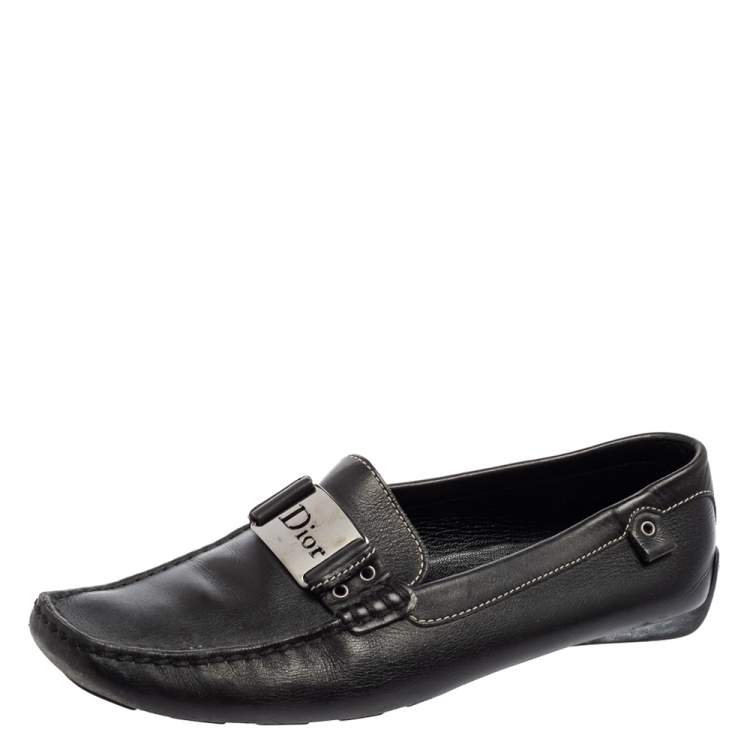 Pre Owned Dior Black Leather Logo Buckle Loafers Size 39.5