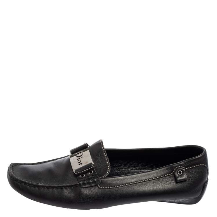 Pre Owned Dior Black Leather Logo Buckle Loafers Size 39.5