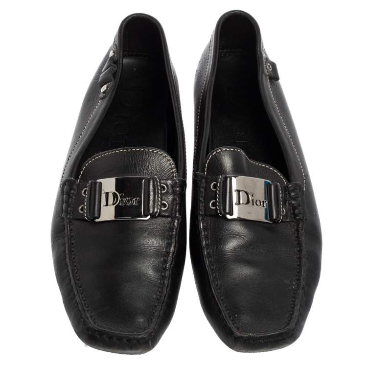 Pre Owned Dior Black Leather Logo Buckle Loafers Size 39.5