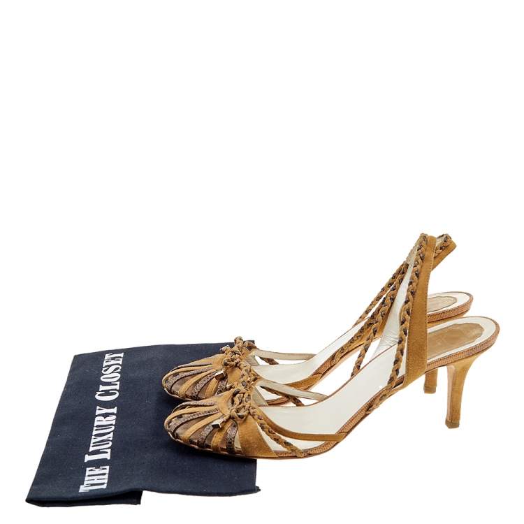 مملوكة مسبقًا Dior Brown Karung and Suede Braid Bow Slingback Sandals Size 40.5