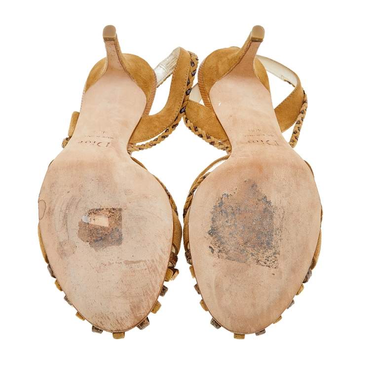 مملوكة مسبقًا Dior Brown Karung and Suede Braid Bow Slingback Sandals Size 40.5