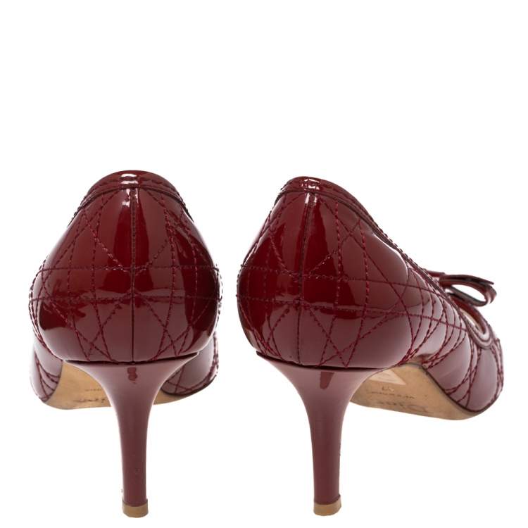 Pre Owned Dior Burgundy Cannage Patent Leather Bow Peep-Toe Pumps Size 37