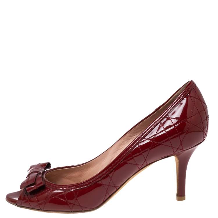 Pre Owned Dior Burgundy Cannage Patent Leather Bow Peep-Toe Pumps Size 37