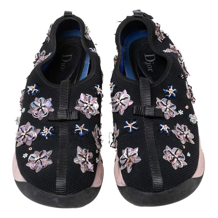 Pre Owned Dior Black Floral Embellished Mesh Fusion Slip-On Sneakers Size 41