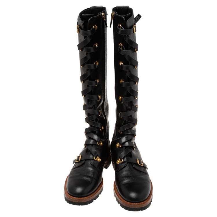 Pre Owned Dior Black Leather Wildior Knee Length Combat Boots Size 40