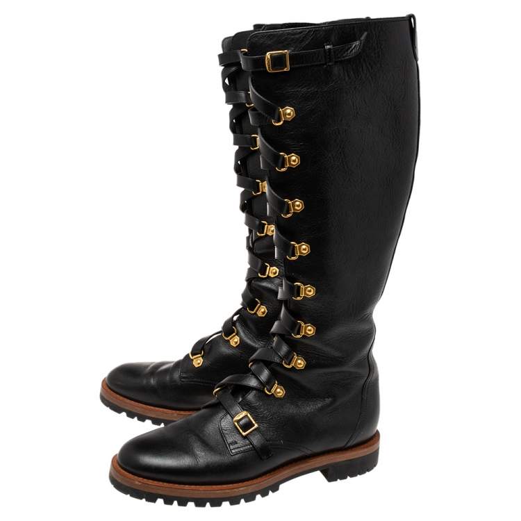 Pre Owned Dior Black Leather Wildior Knee Length Combat Boots Size 40