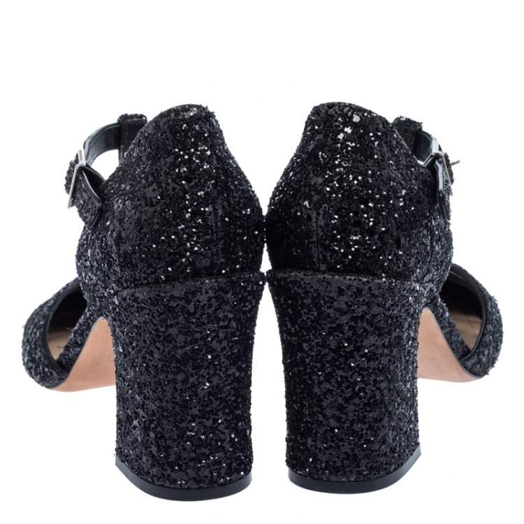 Pre Owned Dior Black Coarse Glitter T-Bar Ankle-Strap Sandals Size 40