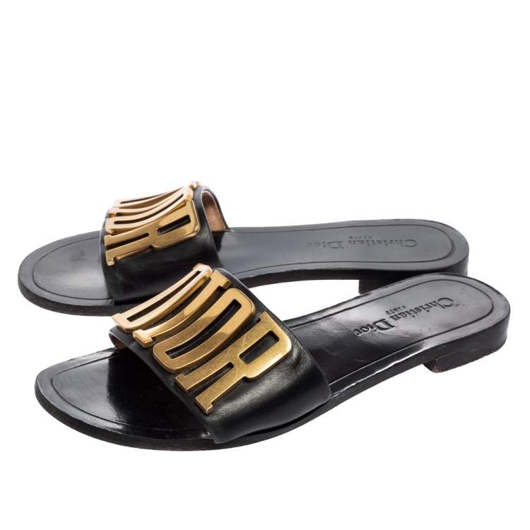 Pre Owned Dior Black Leather Revolution Logo Flats Size 39