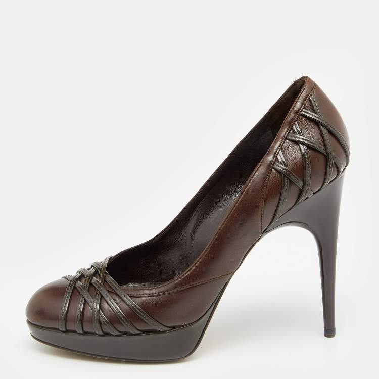 Pre Owned Dior Dark Brown Patent and Leather Platform Pumps Size 36