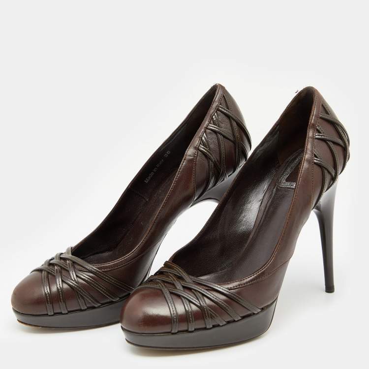 Pre Owned Dior Dark Brown Patent and Leather Platform Pumps Size 36