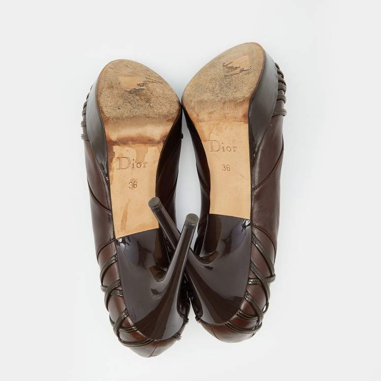 Pre Owned Dior Dark Brown Patent and Leather Platform Pumps Size 36