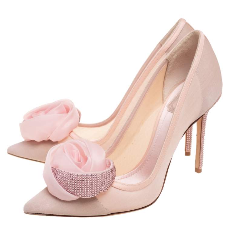 Pre Owned Dior Pink Net and Leather Flower Crystal Embellished Pointed Toe Pumps  Size 38