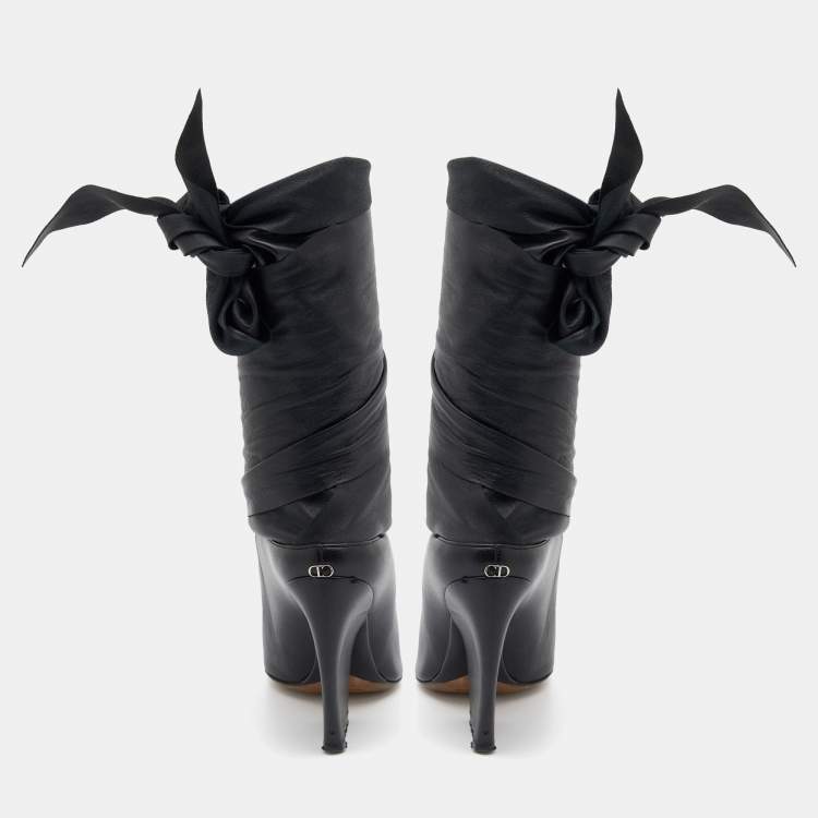 Pre Owned Dior Black Leather Wedge Ankle Wrap Booties Size 37