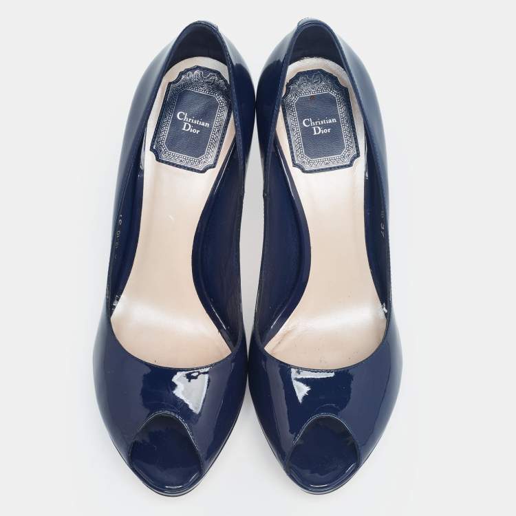 Pre Owned Dior Navy Blue Patent Leather Miss Dior Peep-Toe Pumps Size 37