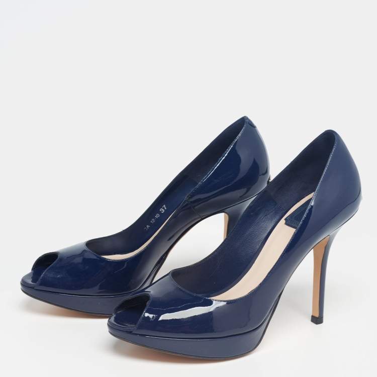 Pre Owned Dior Navy Blue Patent Leather Miss Dior Peep-Toe Pumps Size 37