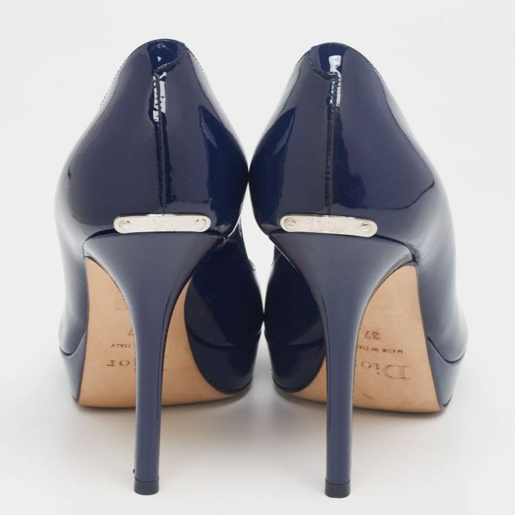 Pre Owned Dior Navy Blue Patent Leather Miss Dior Peep-Toe Pumps Size 37