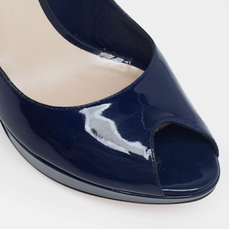 Pre Owned Dior Navy Blue Patent Leather Miss Dior Peep-Toe Pumps Size 37