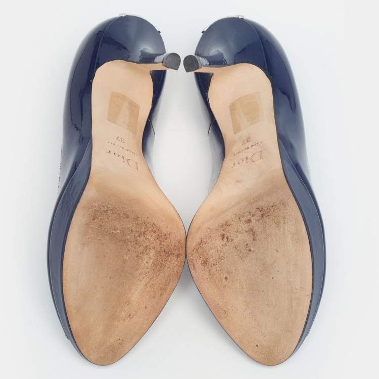 Pre Owned Dior Navy Blue Patent Leather Miss Dior Peep-Toe Pumps Size 37