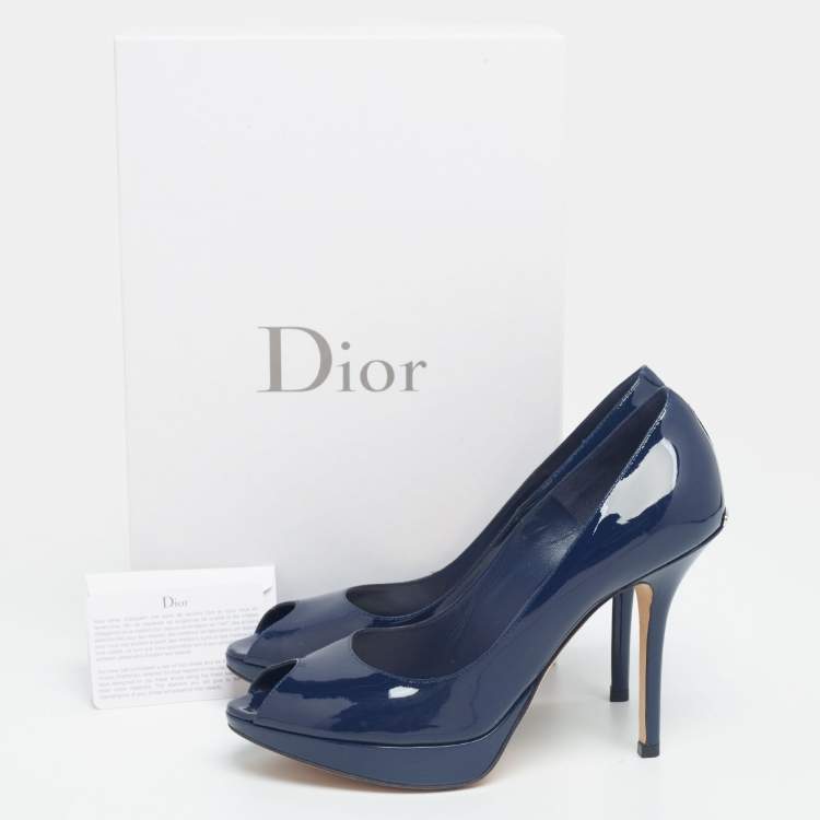 Pre Owned Dior Navy Blue Patent Leather Miss Dior Peep-Toe Pumps Size 37