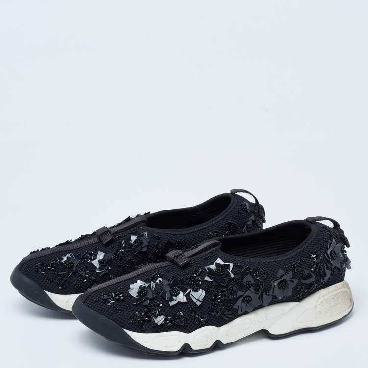 Pre Owned Dior Black Embellished Mesh Fusion Slip-On Sneakers Size 37
