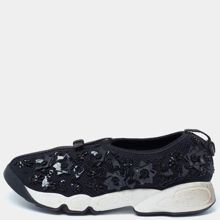 Pre Owned Dior Black Embellished Mesh Fusion Slip-On Sneakers Size 37