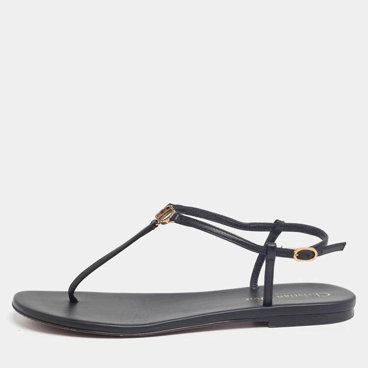 مملوكة مسبقًا Dior Black Leather CD Thong Flat Sandals Size 38.5