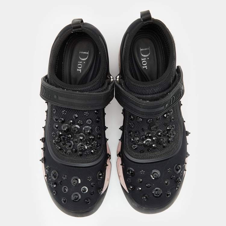 Pre Owned Dior Black Neoprene And Mesh Fusion Embellished Velcro Strap Sneakers Size 36