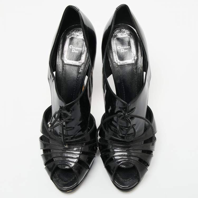 Pre Owned Dior Black Patent Leather Cutout  Peep Toe Lace Up Booties Size 38
