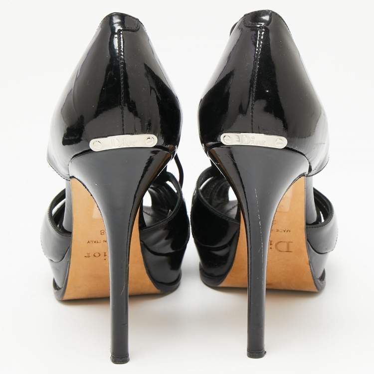Pre Owned Dior Black Patent Leather Cutout  Peep Toe Lace Up Booties Size 38