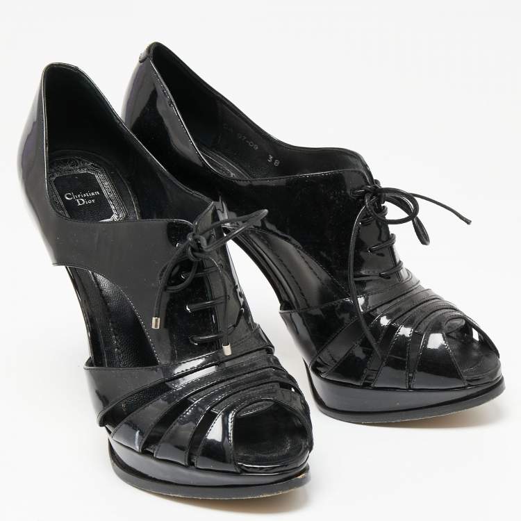 Pre Owned Dior Black Patent Leather Cutout  Peep Toe Lace Up Booties Size 38