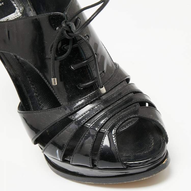 Pre Owned Dior Black Patent Leather Cutout  Peep Toe Lace Up Booties Size 38