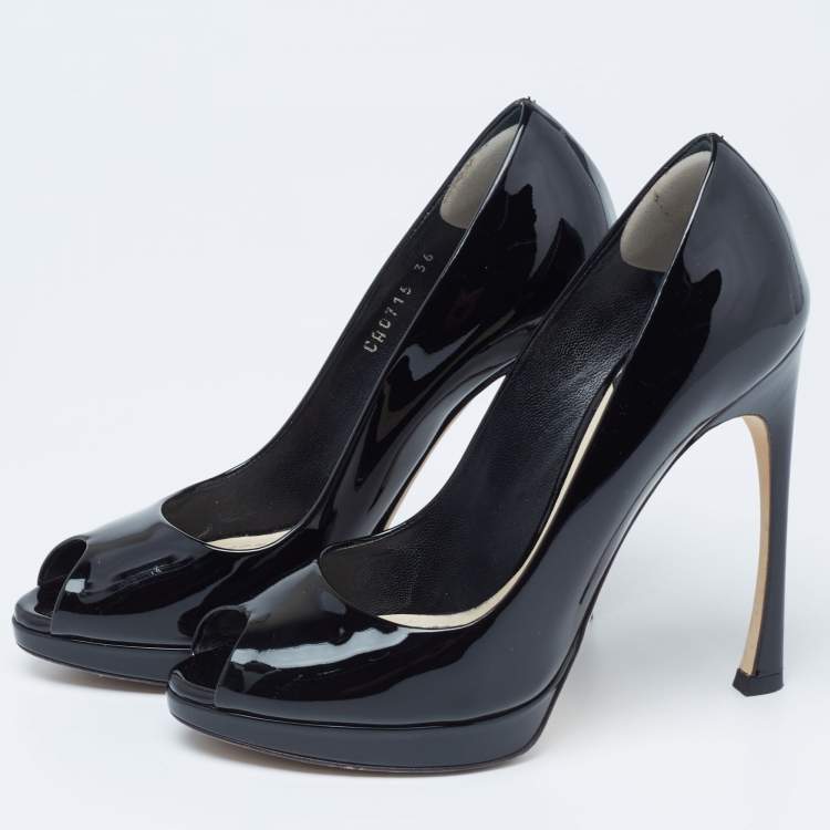 Pre Owned Dior Black Patent Leather Diorella Peep-Toe Pumps Size 36