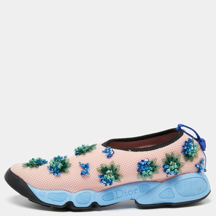 Pre Owned Dior Pink Mesh Flower Embellished Fusion  Sneakers Size 38