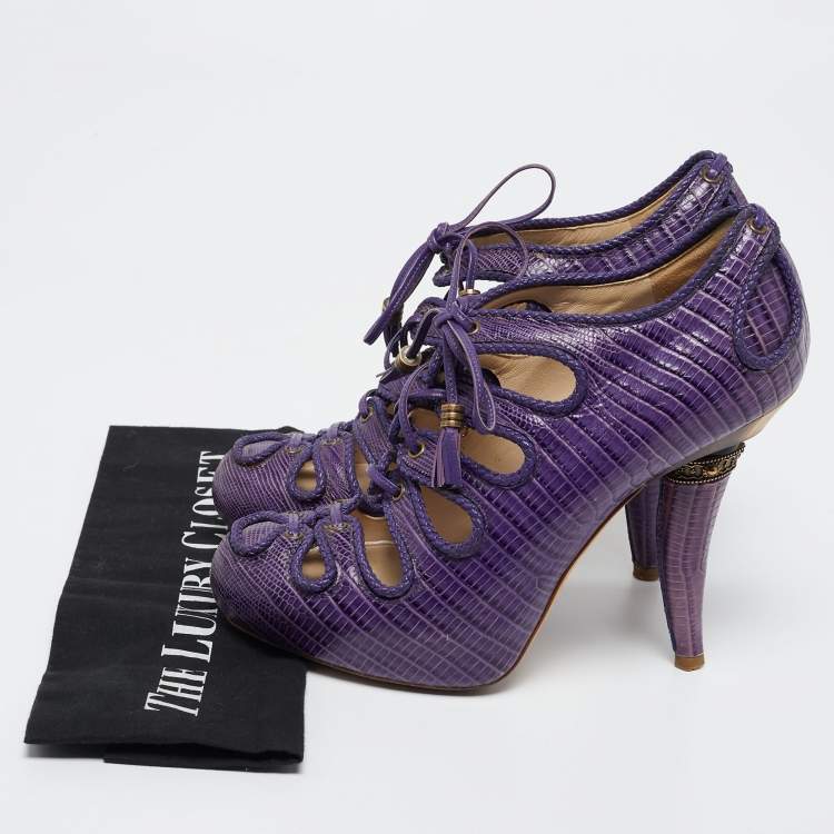 Pre Owned Dior Purple Lizard Embossed Leather Cut-Out Lace-Up Ankle Booties Size 38